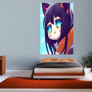 Lycklig Cheerful Anime-kattflicka AI Art Poster