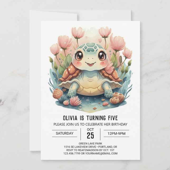 Lycklig Chic Turtle Girl Birthday Inbjudningar (Framsida)