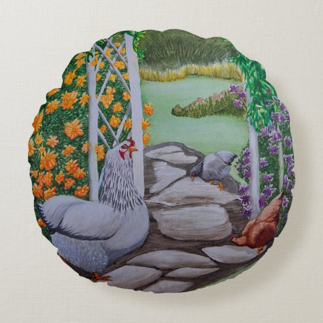 Lycklig Chickens Rund Kudde (Framsidan)