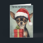 Lycklig Chihuahua Santa med julkort Kort<br><div class="desc">Sprid glädje och skratt denna julsäsong med vårt härliga julkort "Lycklig Chihuahua Santa with Gift", med Greg Collins hjärtskärande konst. Den här charmerande bilden fångar den festliga andan som en leende Chihuahua gör en julhatt och ivrigt presenter en gåva. Den lekande oskuld och helgdag härjar från den här vackra scenen,...</div>
