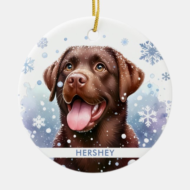 Lycklig Chocolate Labrador Retriever Hund jul Julgransprydnad Keramik (Framsidan)