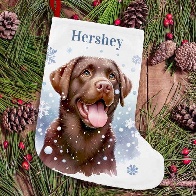 Lycklig Chocolate Labrador Retriever Snöflingor Hu Liten Julstrumpa (Skapare uppladdad)