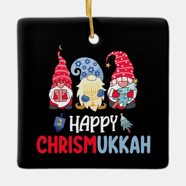 Lycklig Chrismukah Gnomes Hanukkah God jul Julgransprydnad Keramik (Framsida)