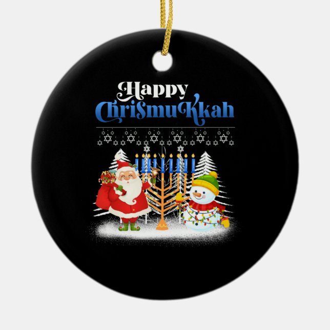 Lycklig Chrismukah Jewish jul Hanukkah Julgransprydnad Keramik (Framsidan)