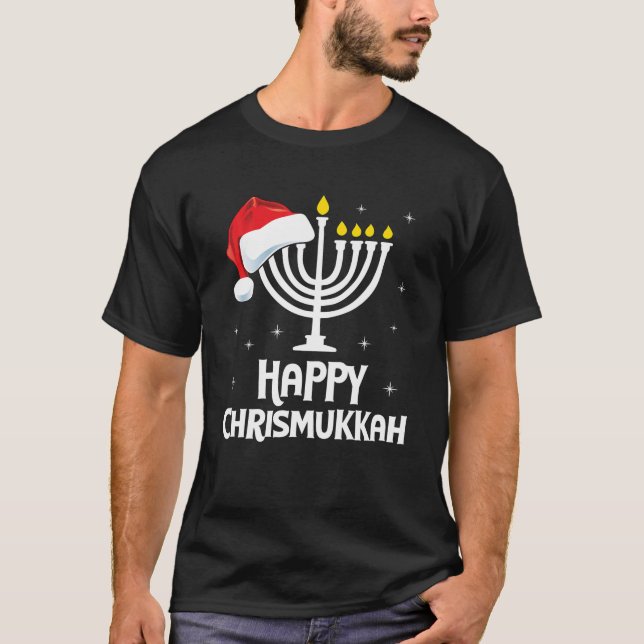Lycklig Chrismukah Santa Hat Menorah Jul T Shirt (Framsida)