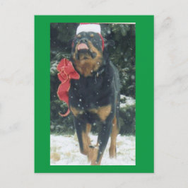 lycklig christmas rottweiler w/tomhat, bow, snö vykort