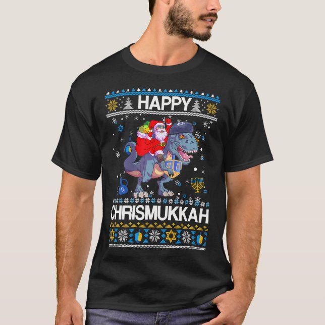 Lycklig Christmukah Santa Riding Dinasour Lycklig T Shirt (Framsida)