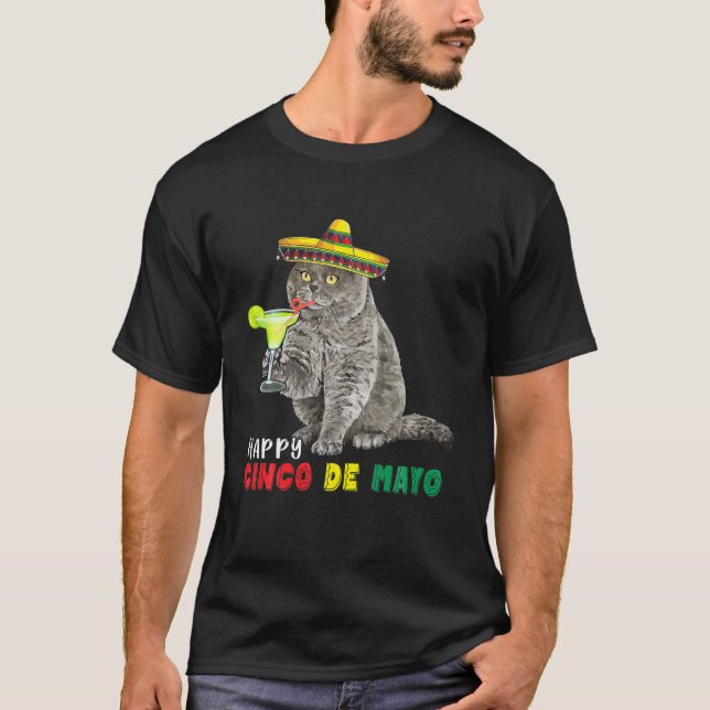 Lycklig Cinco De Mayo Cat Drinking Margarita Flami T Shirt (Framsida)
