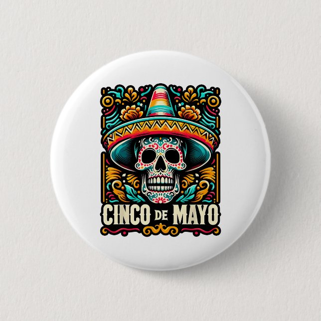 Lycklig Cinco De Mayo Skeleton Skull Sombrero Mexi Knapp (Framsida)