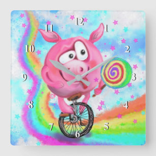 Lycklig Circus Acrobat Piggy Cyclist Slickar Lolli Fyrkantig Klocka