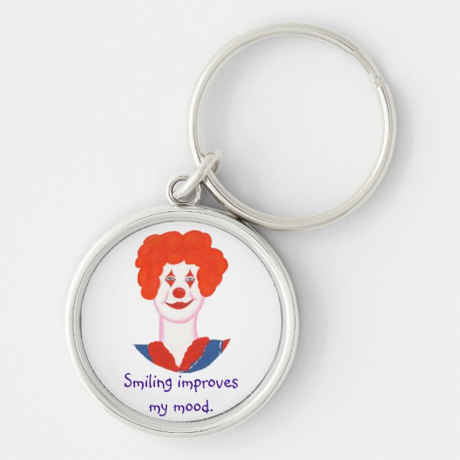 Lycklig Clown Ansikte, Smiling förbättrar mitt hum Rund Silverfärgad Nyckelring (Framsidan)