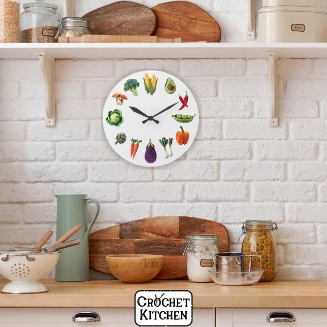 Lycklig Colorful Crochet Vegetable Mushroom Collag Stor Klocka (Skapare uppladdad)