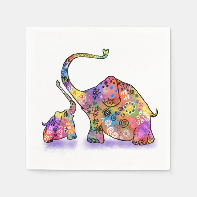 Lycklig Colorful Mor och Baby Elephant - Teckning Pappersservett (Framsidan)