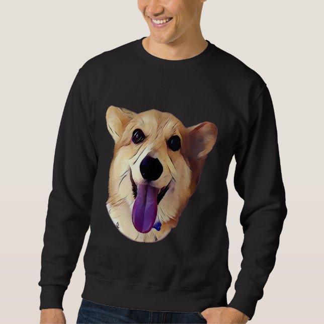 Lycklig Corgi Lila Lång Ärmad Tröja (Framsida)