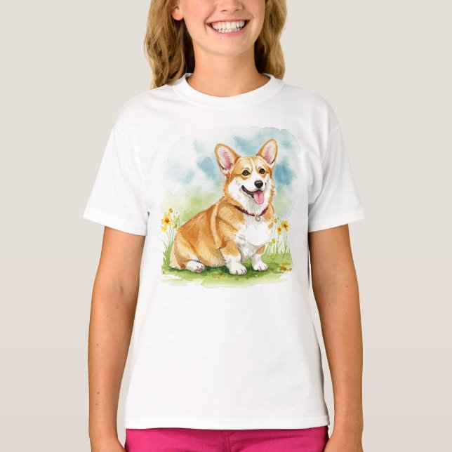 Lycklig Corgi Puppy Pet Flowers T-Shirt (Framsida)