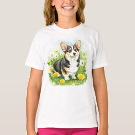 Lycklig Corgi Puppy Pet Flowers T-Shirt