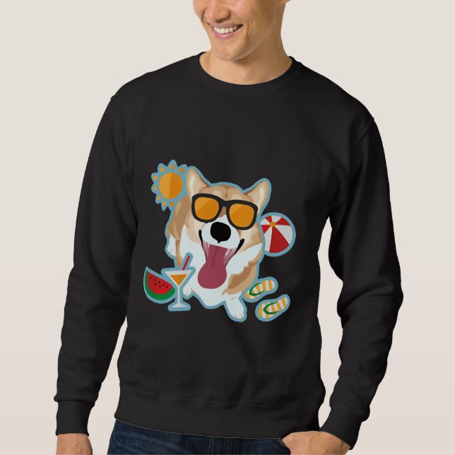 Lycklig Corgi Sommar Lång Ärmad Tröja (Framsida)