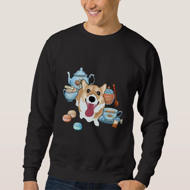 Lycklig Corgi Tea Time Lång Ärmad Tröja (Framsida)