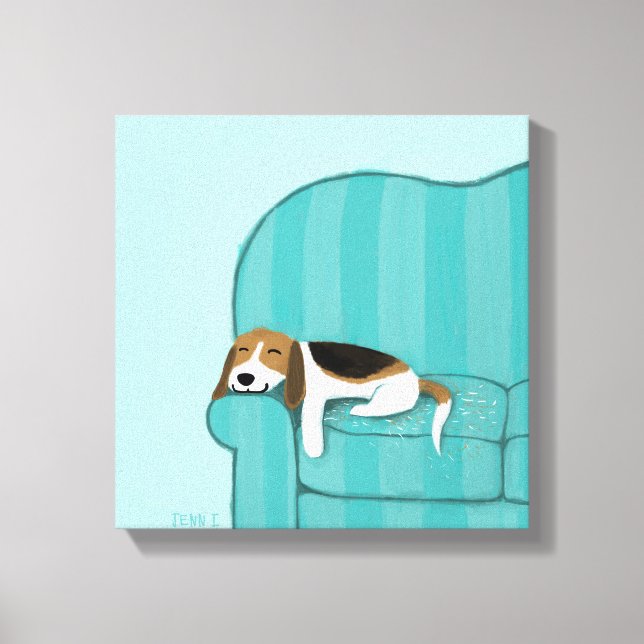 Lycklig Couch Beagle | Cute Sleeping Hund | Pälsko Canvastryck (Framsida)