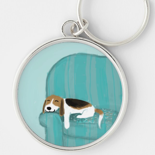 Lycklig Couch Beagle | Cute Sleeping Hund | Pälsko Rund Silverfärgad Nyckelring (Framsidan)