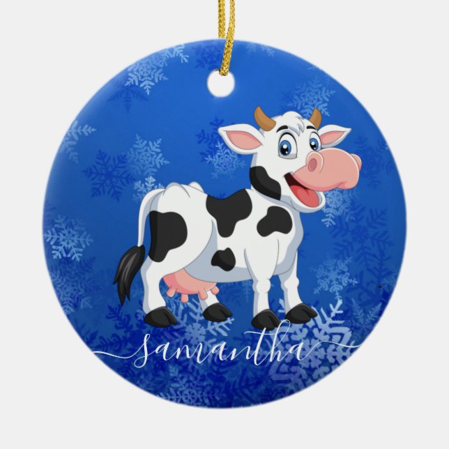 Lycklig Cow Blue Ceramic Ornament (Framsidan)