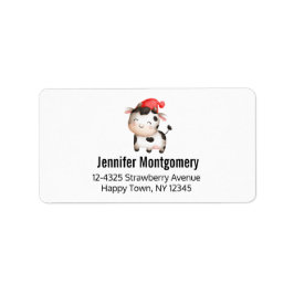 Lycklig Cow i en Cute Red Hat Adressetikett