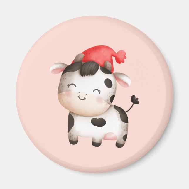 Lycklig Cow i en Cute Red Hat Magnet (Framsidan)