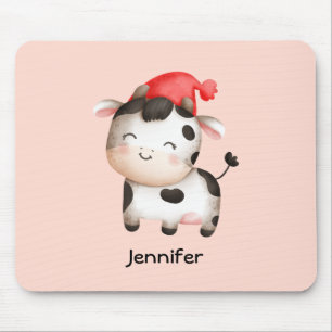 Lycklig Cow i en Cute Red Hat Musmatta