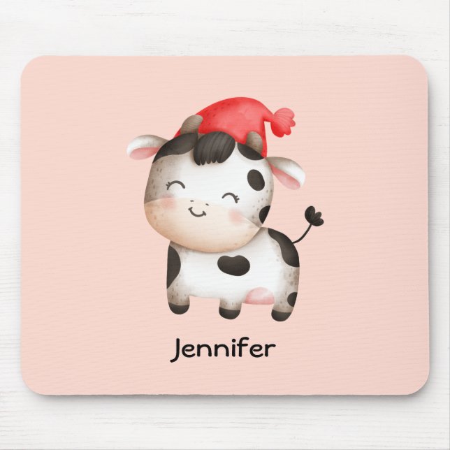 Lycklig Cow i en Cute Red Hat Musmatta (Framsidan)