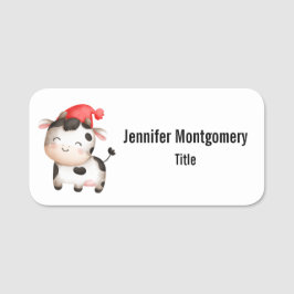 Lycklig Cow i en Cute Red Hat Namnbricka