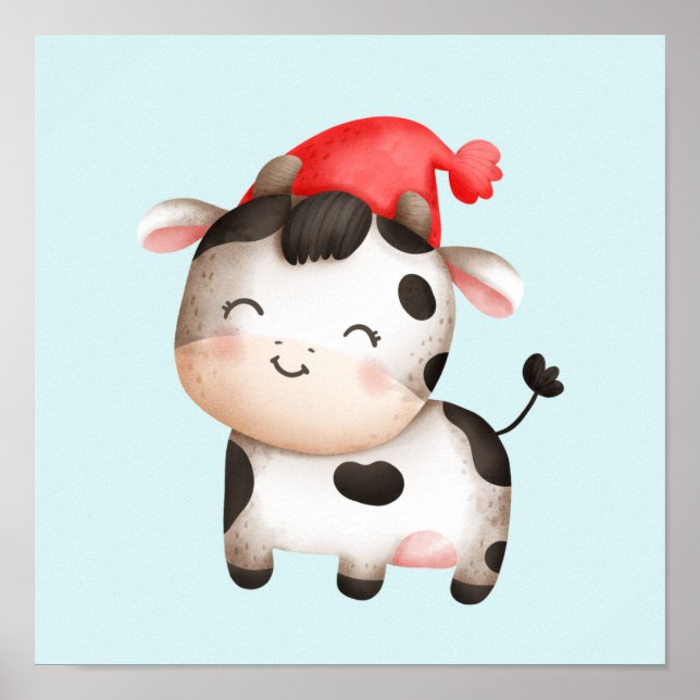 Lycklig Cow i en Cute Red Hat Poster (Framsidan)