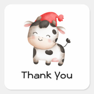 Lycklig Cow i en Cute Red Hat-Tack Fyrkantigt Klistermärke