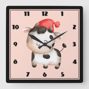 Lycklig Cow med en Cute Red Hat Fyrkantig Klocka