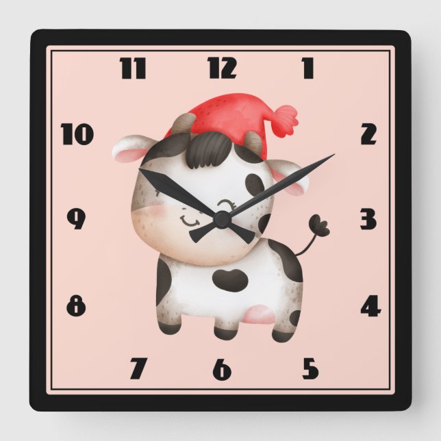 Lycklig Cow med en Cute Red Hat Fyrkantig Klocka (Framsida)