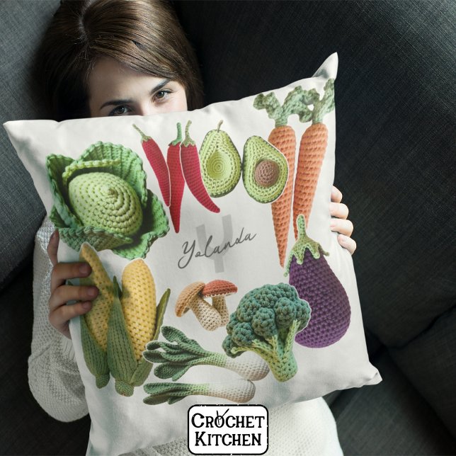 Lycklig Crochet Vegetable Mushroom Collage Monogra Kudde (Skapare uppladdad)