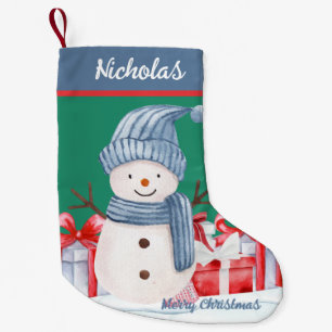 Lycklig Cute Blue Snögubbe med Presenter God jul Liten Julstrumpa