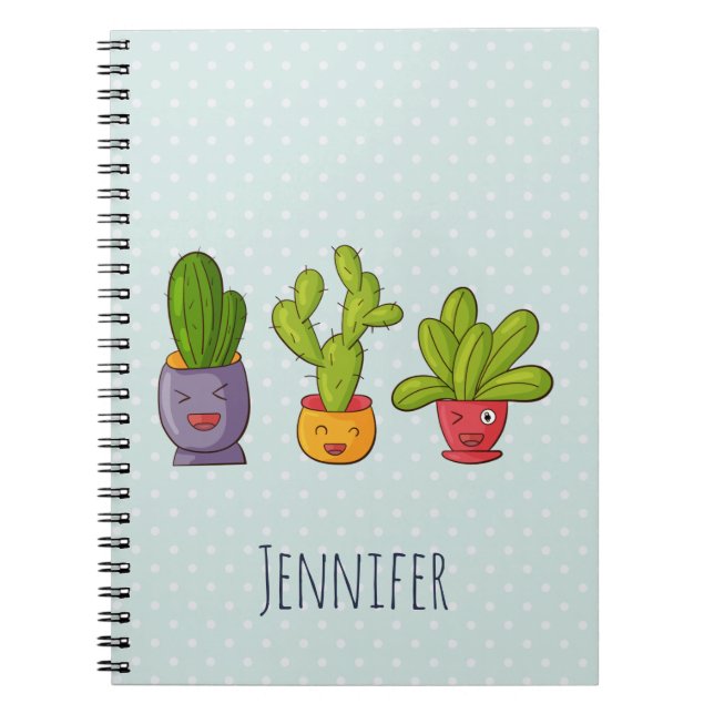 Lycklig Cute Cactus in Flower Pots Roligt Illustra Anteckningsbok (Framsidan)