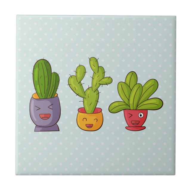 Lycklig Cute Cactus in Flower Pots Roligt Illustra Kakelplatta (Framsidan)