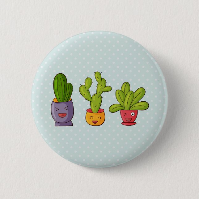 Lycklig Cute Cactus in Flower Pots Roligt Illustra Knapp (Framsida)
