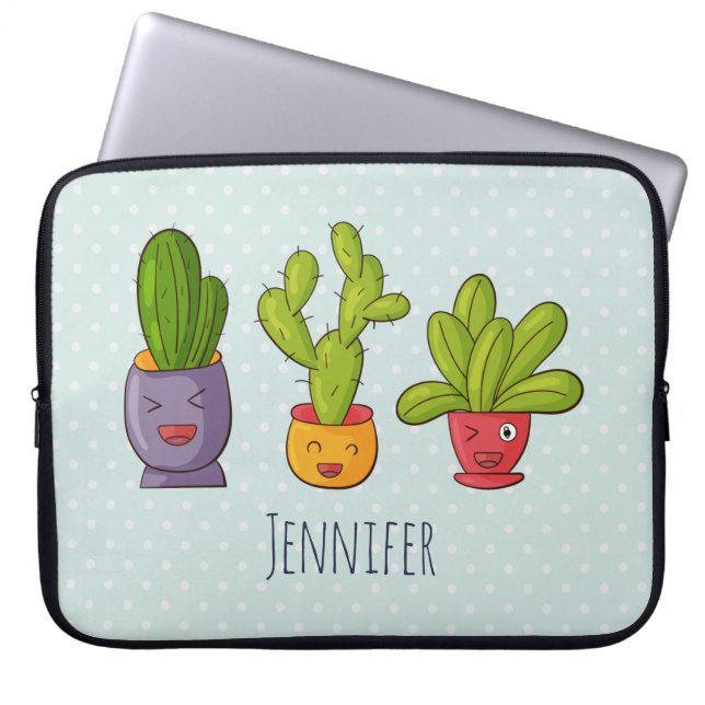 Lycklig Cute Cactus in Flower Pots Roligt Illustra Laptop Fodral (Framsidan)