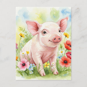 Lycklig Cute Gris Flowers Young Animals Postcard Vykort