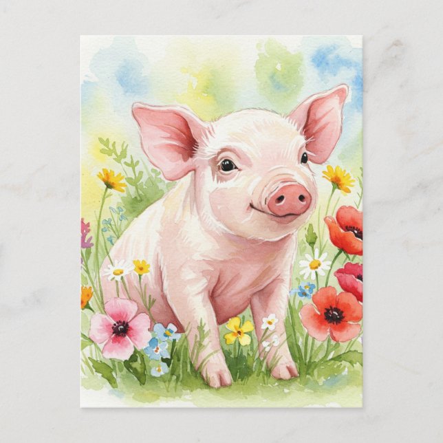 Lycklig Cute Gris Flowers Young Animals Postcard Vykort (Framsida)