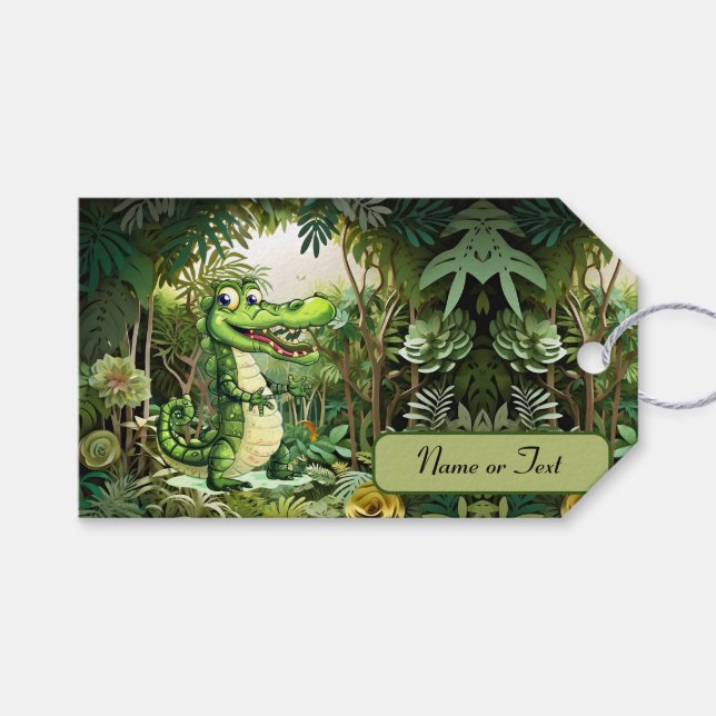 Lycklig Cute Vild Crokodile Jungle Träd vacker Presentetikett (Framsidan (Horisontell))