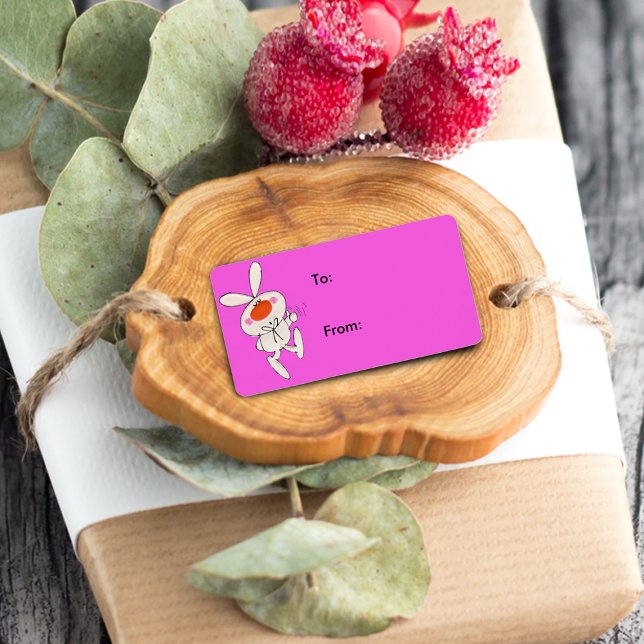 Lycklig Cute White Rabbit Gift Märkre Adressetikett (Cartoon bunny rabbit giving thumbs up sign on hot pink gift tag label.)