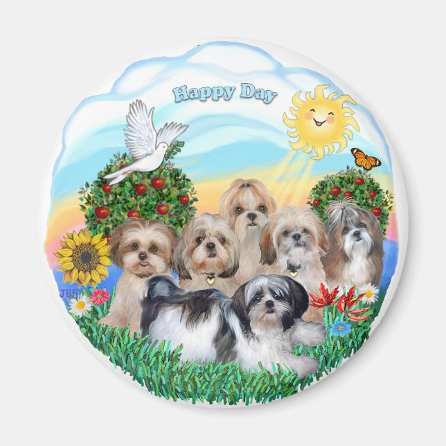 Lycklig Dag med Sex Shih Tzus Magnet (Framsidan)