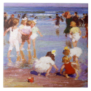 Lycklig-dagar vid stranden (av E.H. Potthast) Kakelplatta
