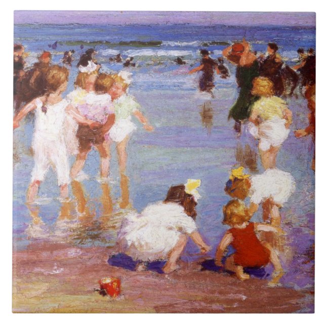 Lycklig-dagar vid stranden (av E.H. Potthast) Kakelplatta (Framsidan)