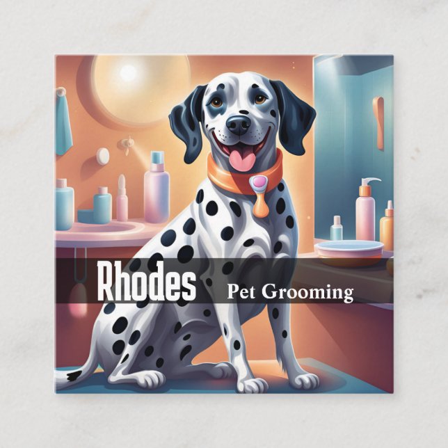 Lycklig Dalmatian Hund Pet Grooming Services Djuro Fyrkantigt Visitkort (Framsida)