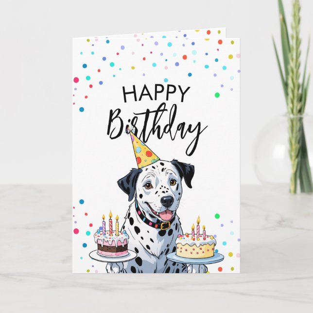 Lycklig Dalmatien Hund som håller Cakes Birthday Kort (Framsida)