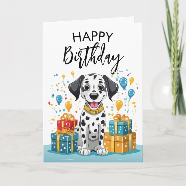 Lycklig Dalmatien med gåvor och Konfetti-födelseda Kort (Framsida)